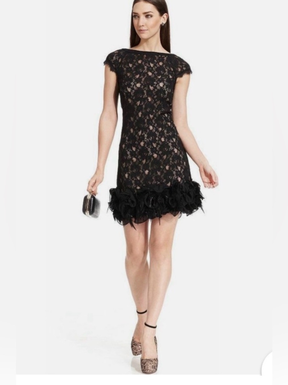 Jessica Simpson Black Lace Mini Dress with Feather Hem